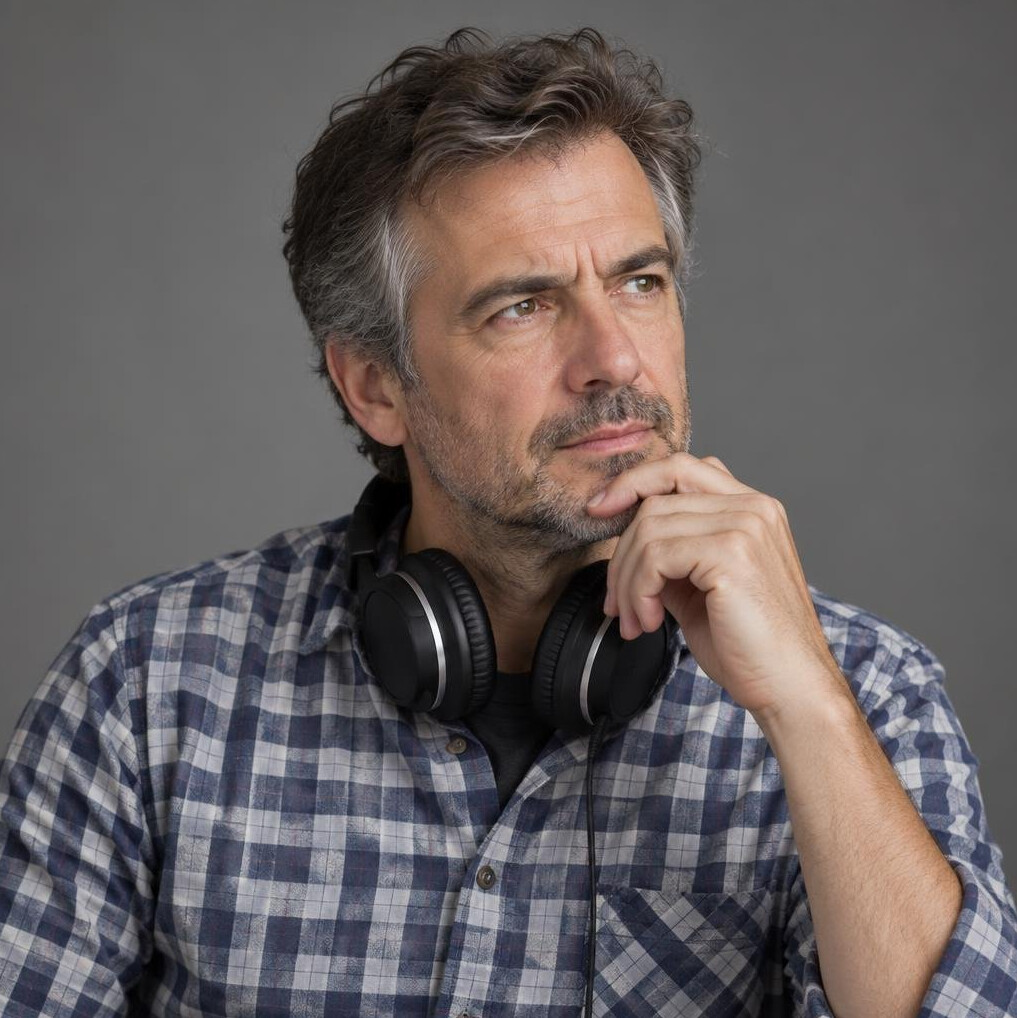 Portrait of a European male television director with headphones