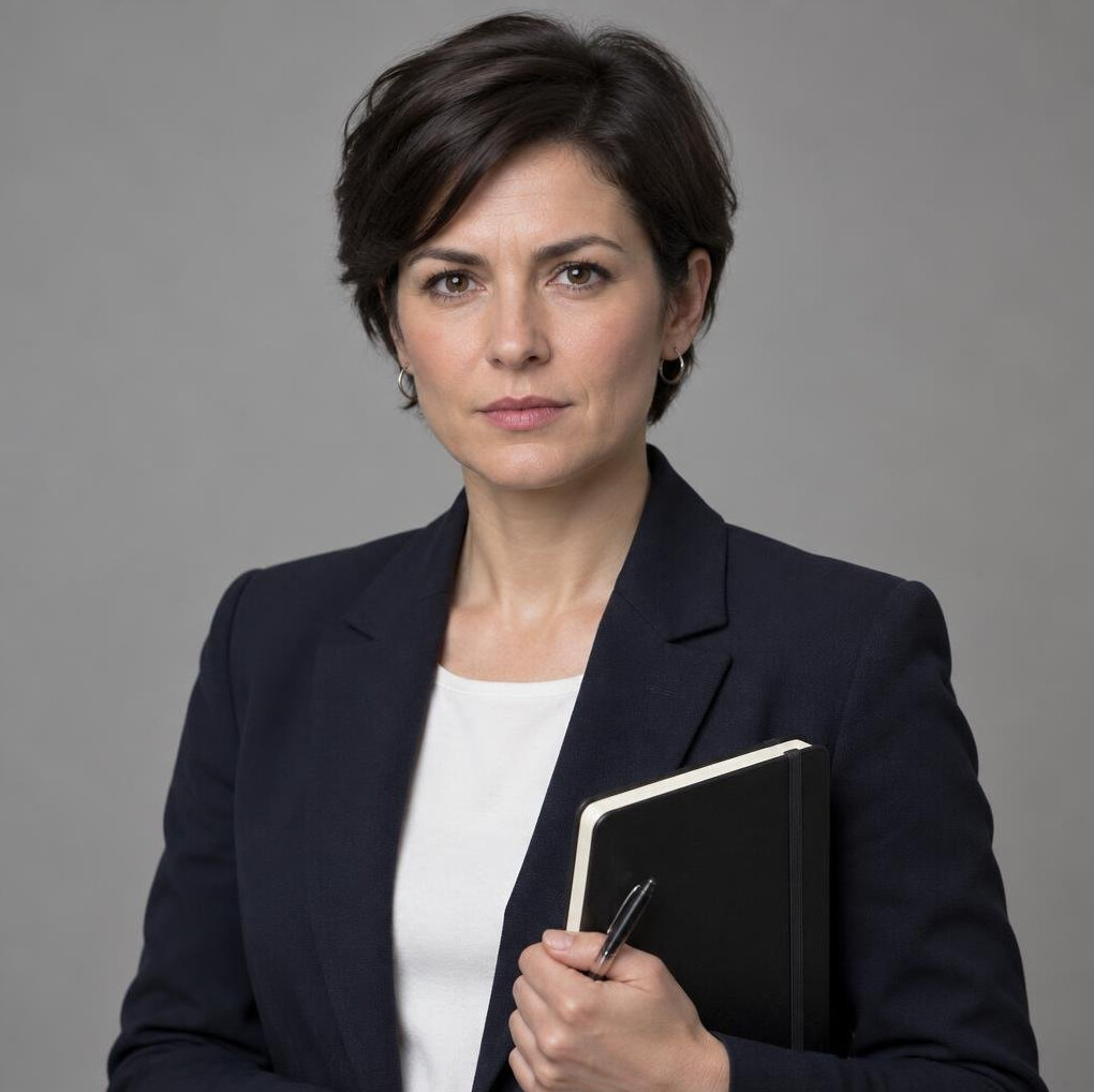 Portrait of a European female television journalist with a notebook